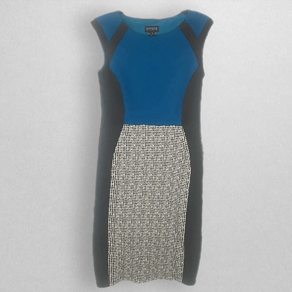 Color Block Teal B&W Print Ponte Knit Sheath Dress